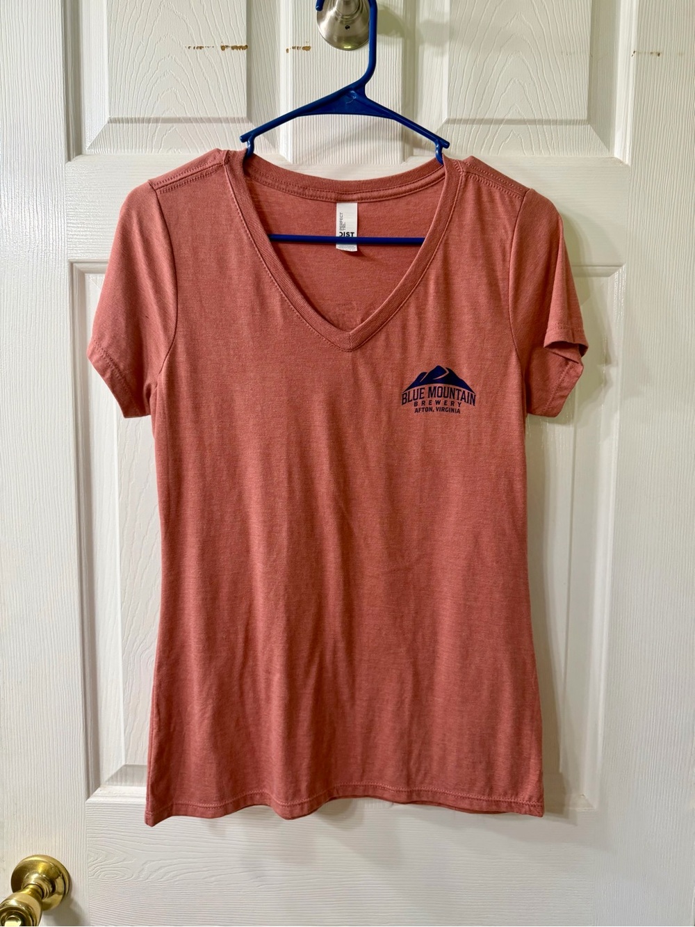 District Women's V-Neck Tee in Dusty Rose with Navy Mountain Logo